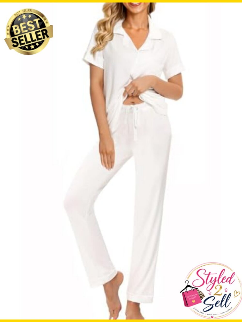 Women's Soft Jersey Pajama Set Button Down Short Sleeve Long Pants 2 Piece